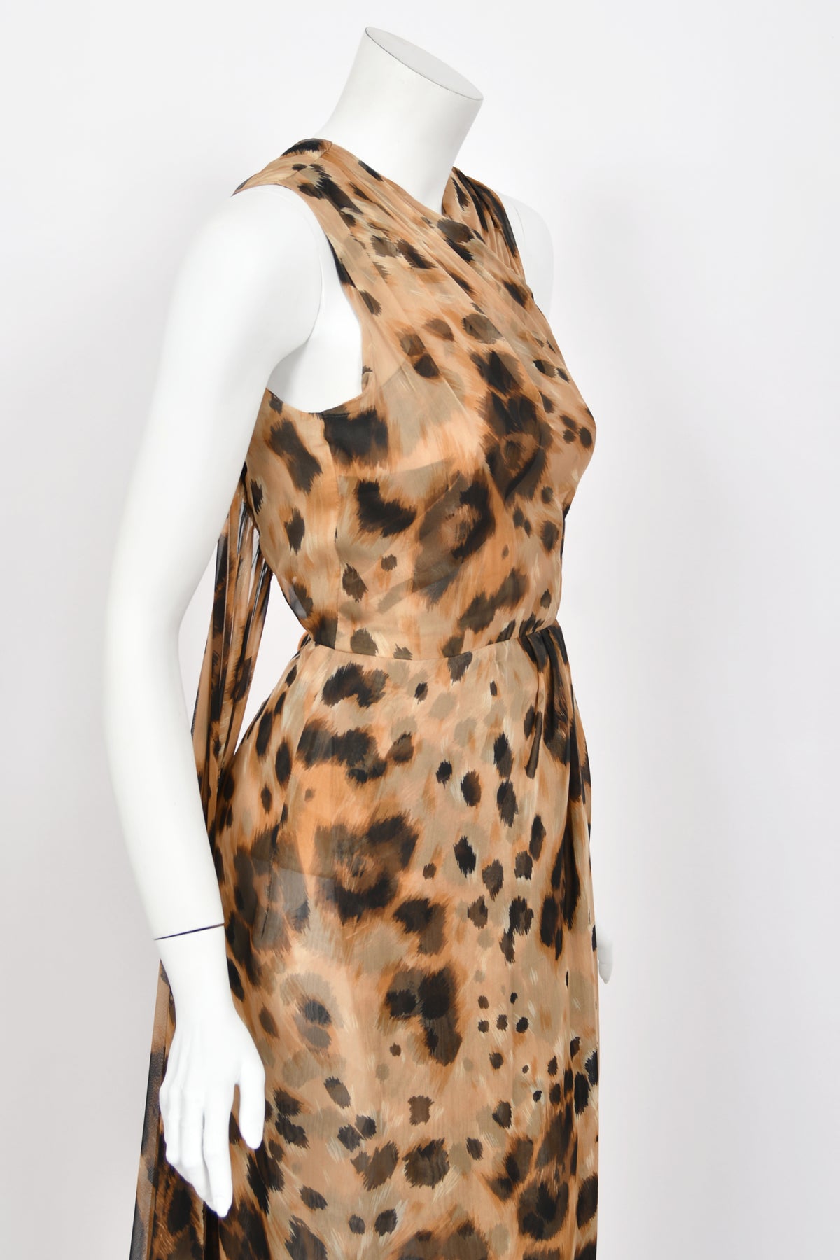 1996 Valentino Runway Editorial Leopard Print Sheer Silk Draped-Sash Gown