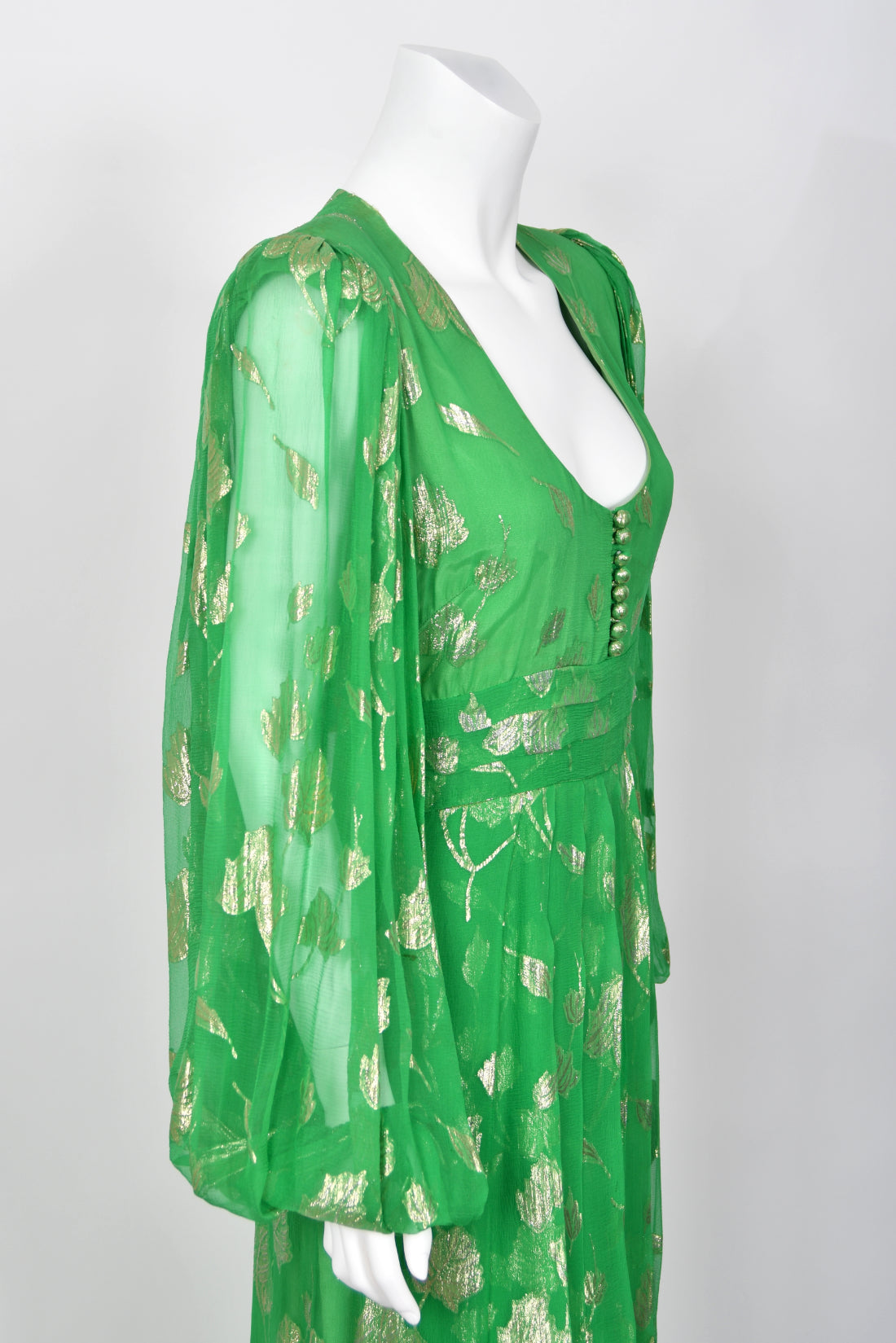 1974 Thea Porter Couture Metallic Green Sheer Silk Billow-Sleeve Maxi Dress