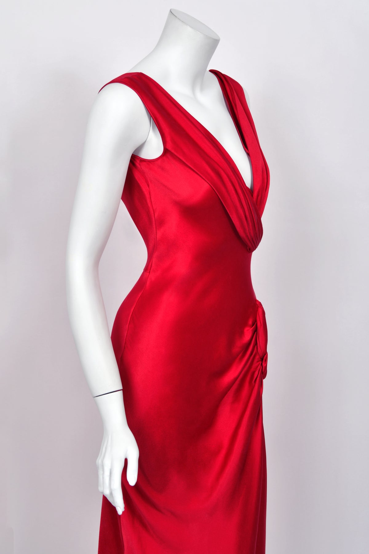 2003 Christian Dior by John Galliano Ruby Red Silk Low Cut Draped High Slit Bias-Cut Dress