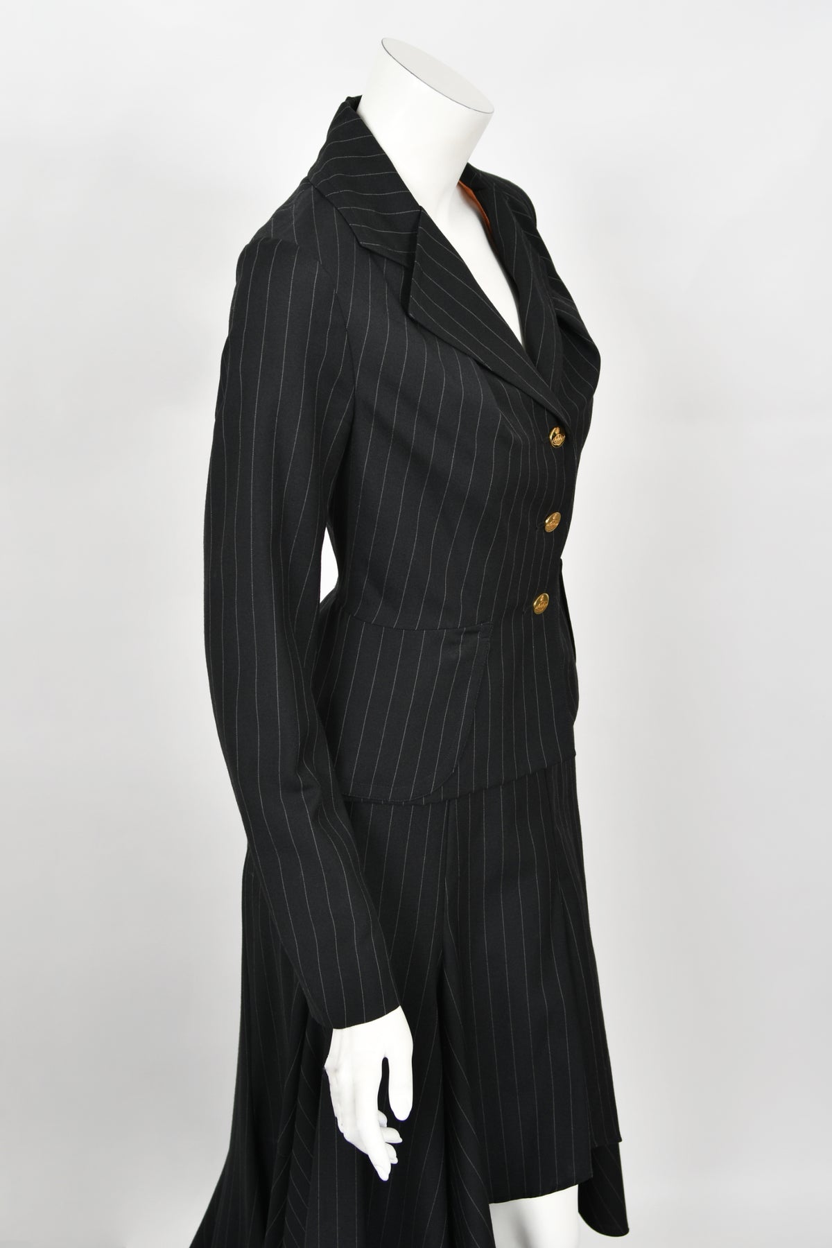 1994 Vivienne Westwood Pinstripe Wool Jacket &amp; High-Low Trained Skirt Ensemble