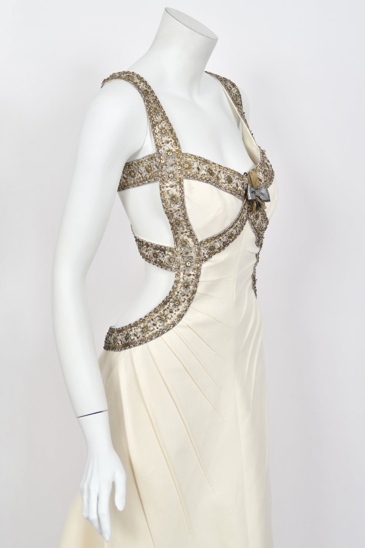 2003 Alexander McQueen Metallic Beaded Embroidered Ivory Wool Open-Back Dress