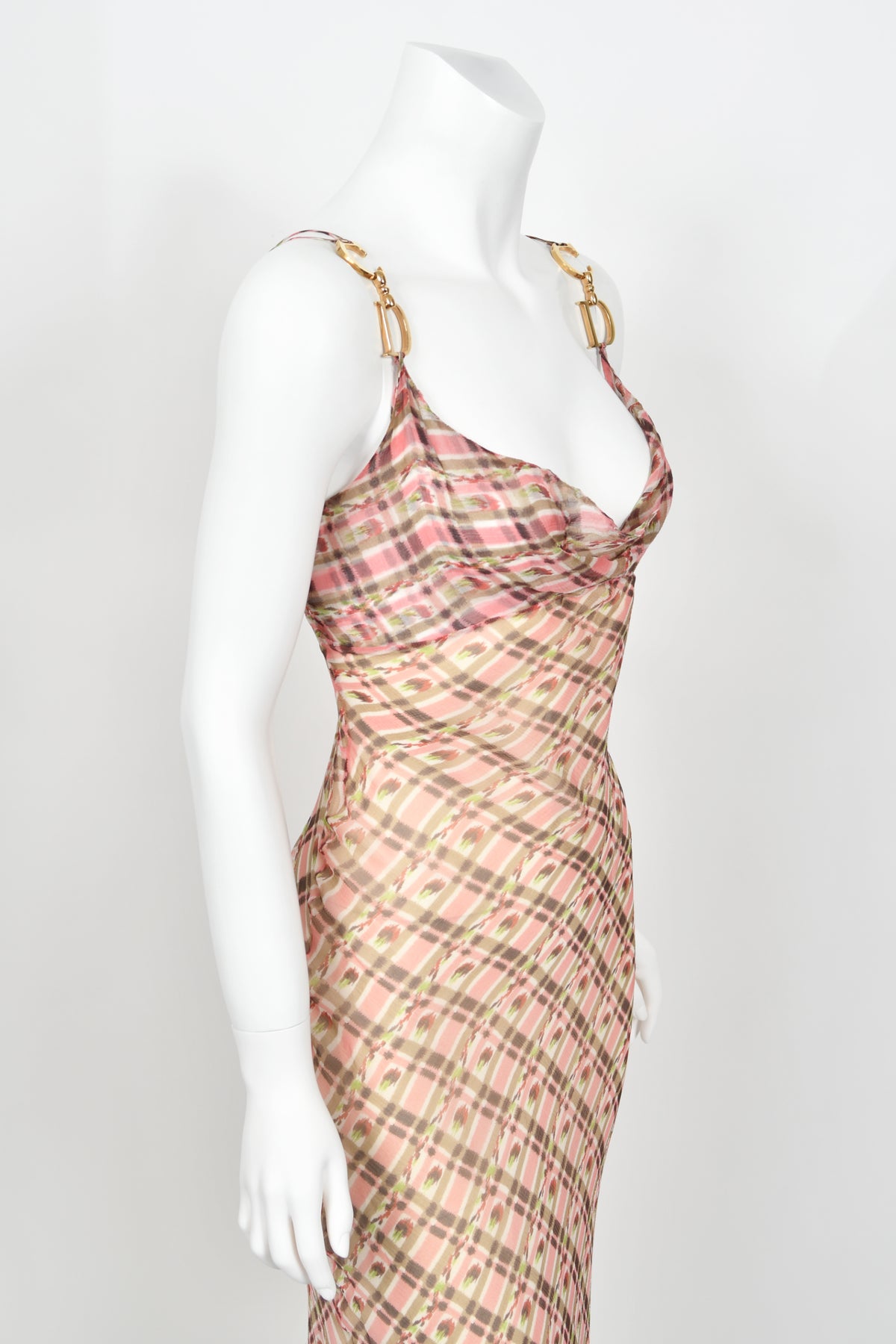 2000 Christian Dior by Galliano Pink Plaid Silk Logo Hardware Bias-Cut Dress