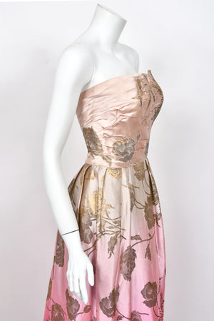 1950’s Philip Hulitar Couture Metallic Floral Ombré Pink Silk Satin Appliquéd Strapless Gown