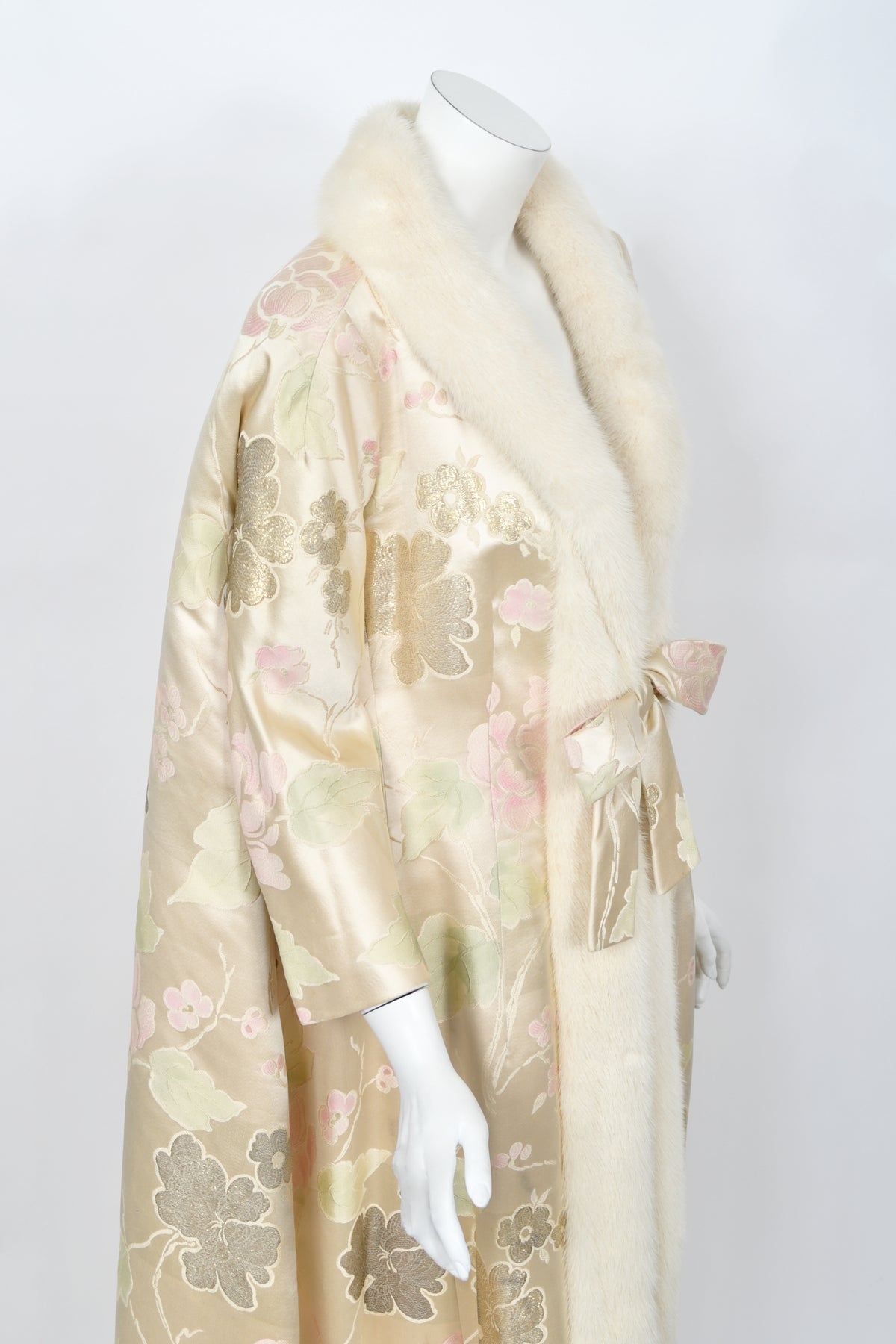 1965 Nina Ricci Haute Couture Documented Pink Silk-Brocade &amp; Mink Fur Maxi Coat