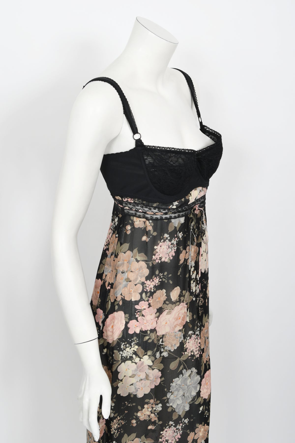1997 Dolce &amp; Gabbana Sheer Floral Chiffon &amp; Lace Built-In Bra Slip Dress
