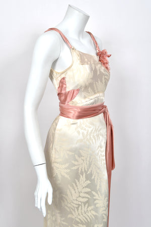 1930’s Ivory Leaf Motif & Blush Pink Silk Satin Floral Appliqué Bias-Cut Trained Couture Gown