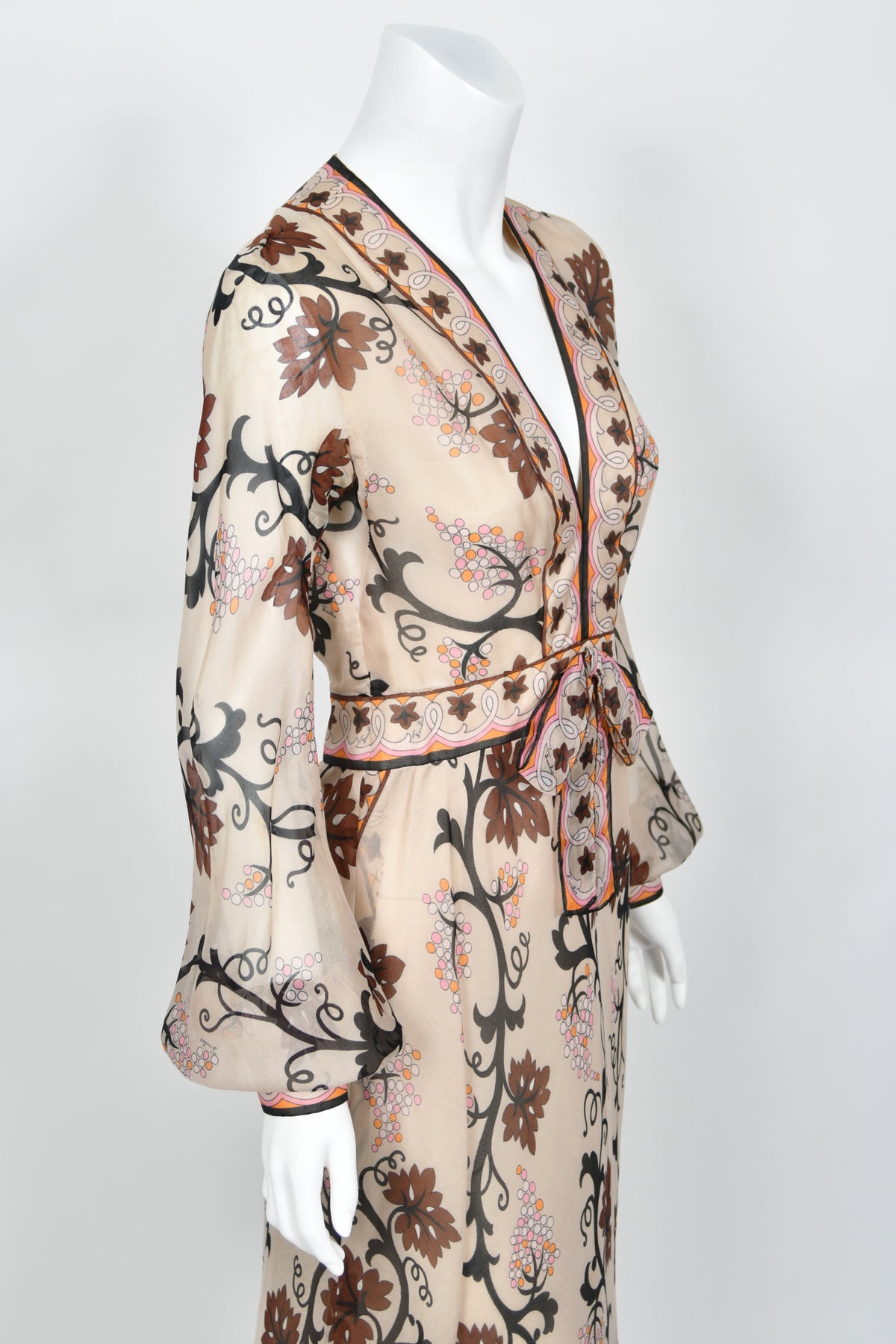 1972 Emilio Pucci Grapevine Motif Sheer Silk Organza Billow-Sleeve Maxi Dress