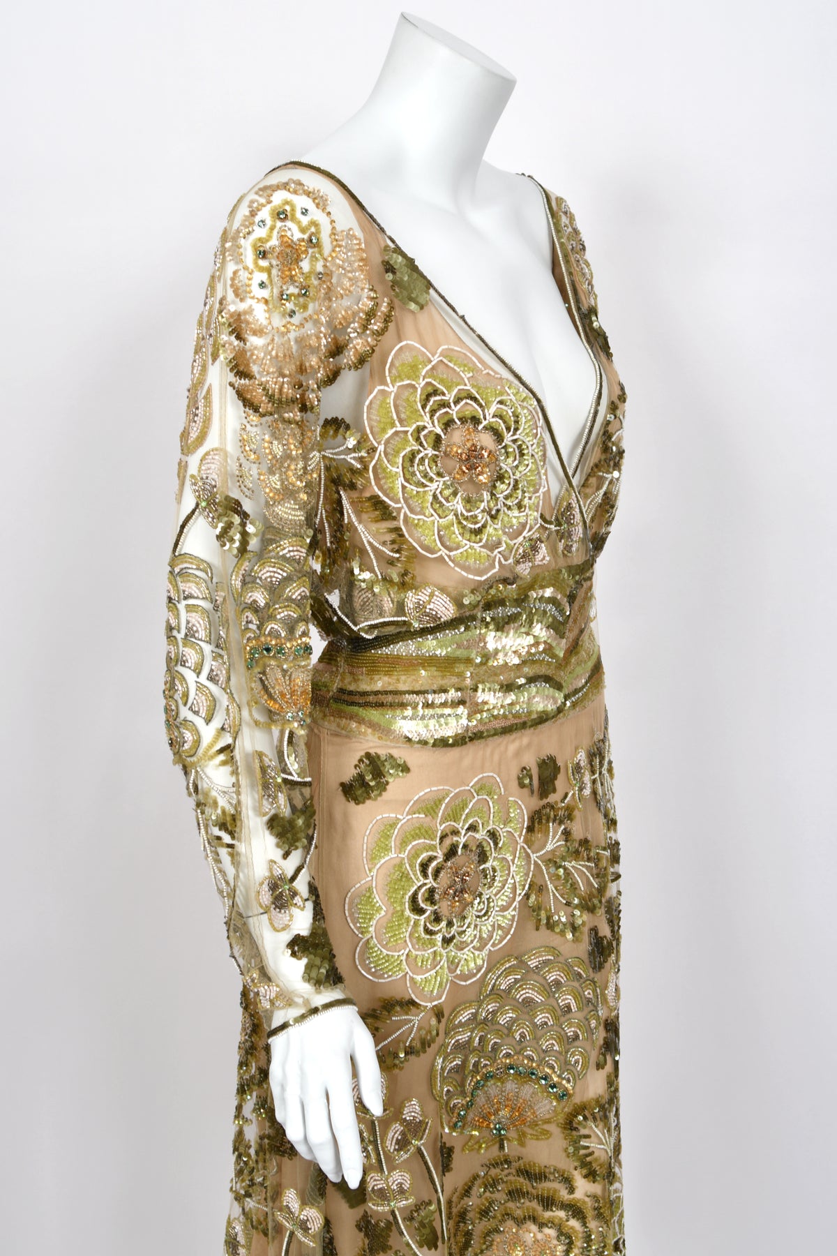 2003 Valentino Runway Heavily Embellished Jeweled Low Cut Nude-Illusion Sheer Net Dress