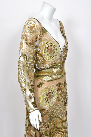 2003 Valentino Runway Heavily Embellished Jeweled Low Cut Nude-Illusion Sheer Net Dress
