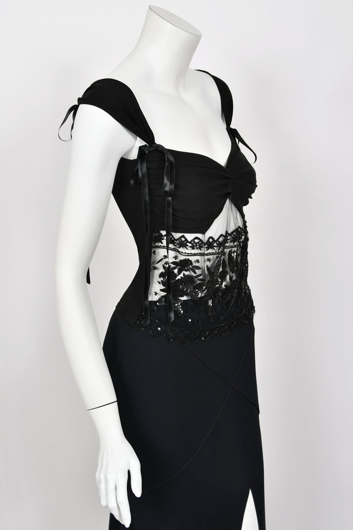 2004 Valentino Runway Black Silk Beaded Sheer Cut-Out Blouse &amp; Bias-Cut Skirt Set