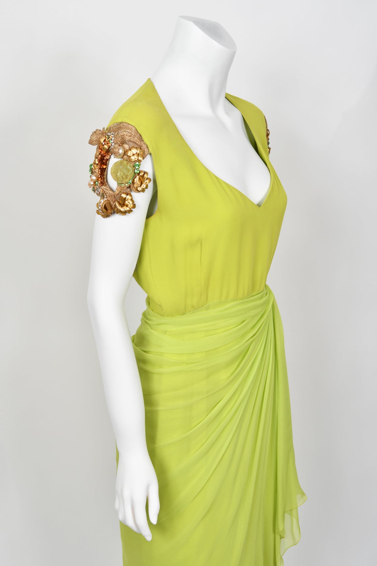 1991 Christian Dior by Gianfranco Ferré Chartreuse Silk Metallic Beaded Draped Dress