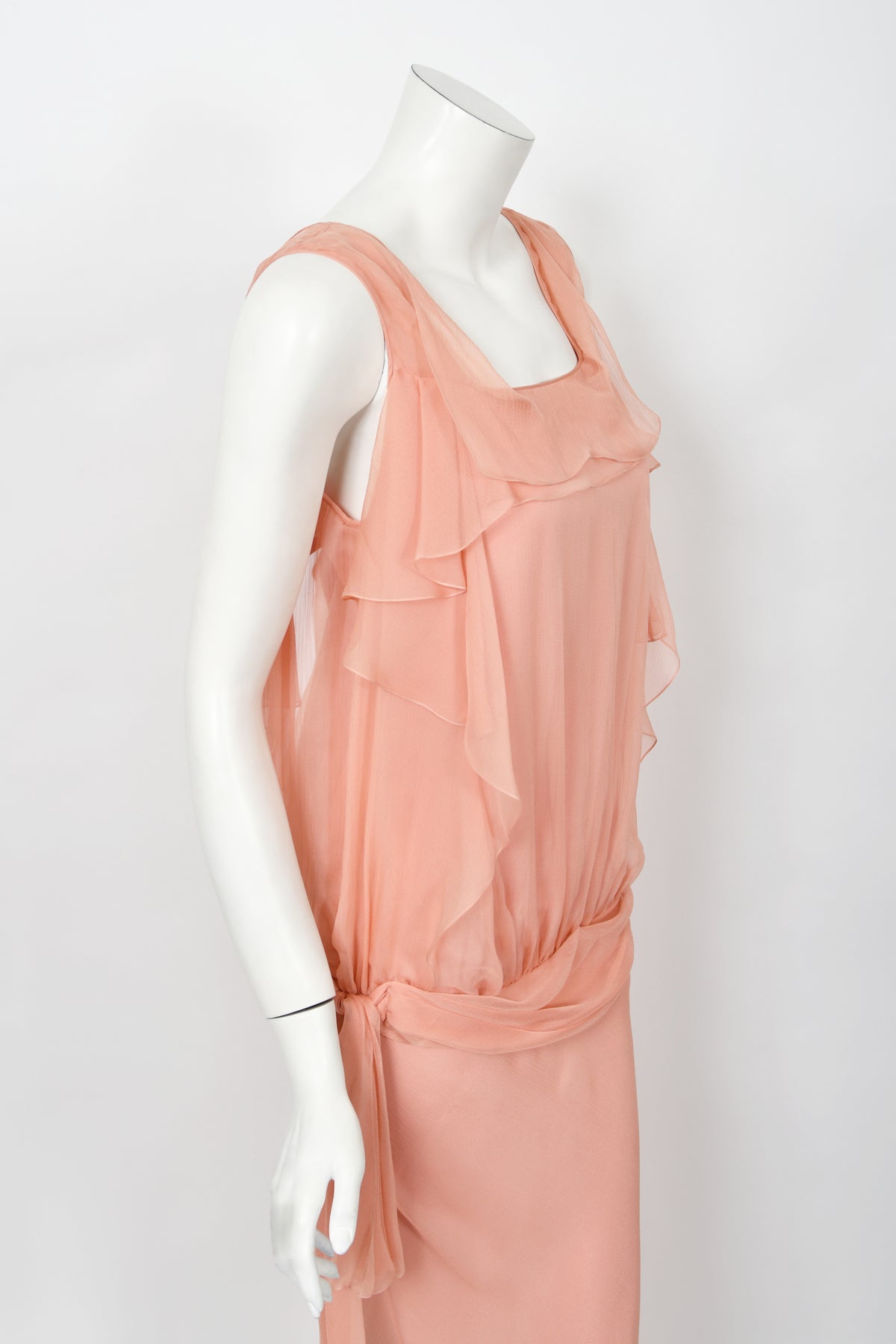 2008 John Galliano Pale Pink Semi-Sheer Silk Draped Ruffle Bias-Cut Gown