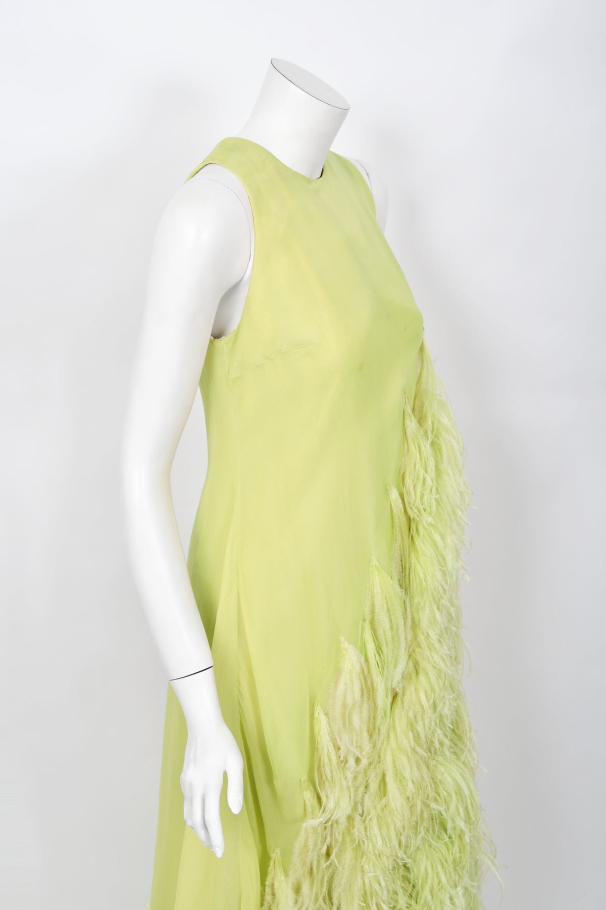 1968 Christian Dior Haute Couture Maria Felix Owned Chartreuse Silk Feather Gown