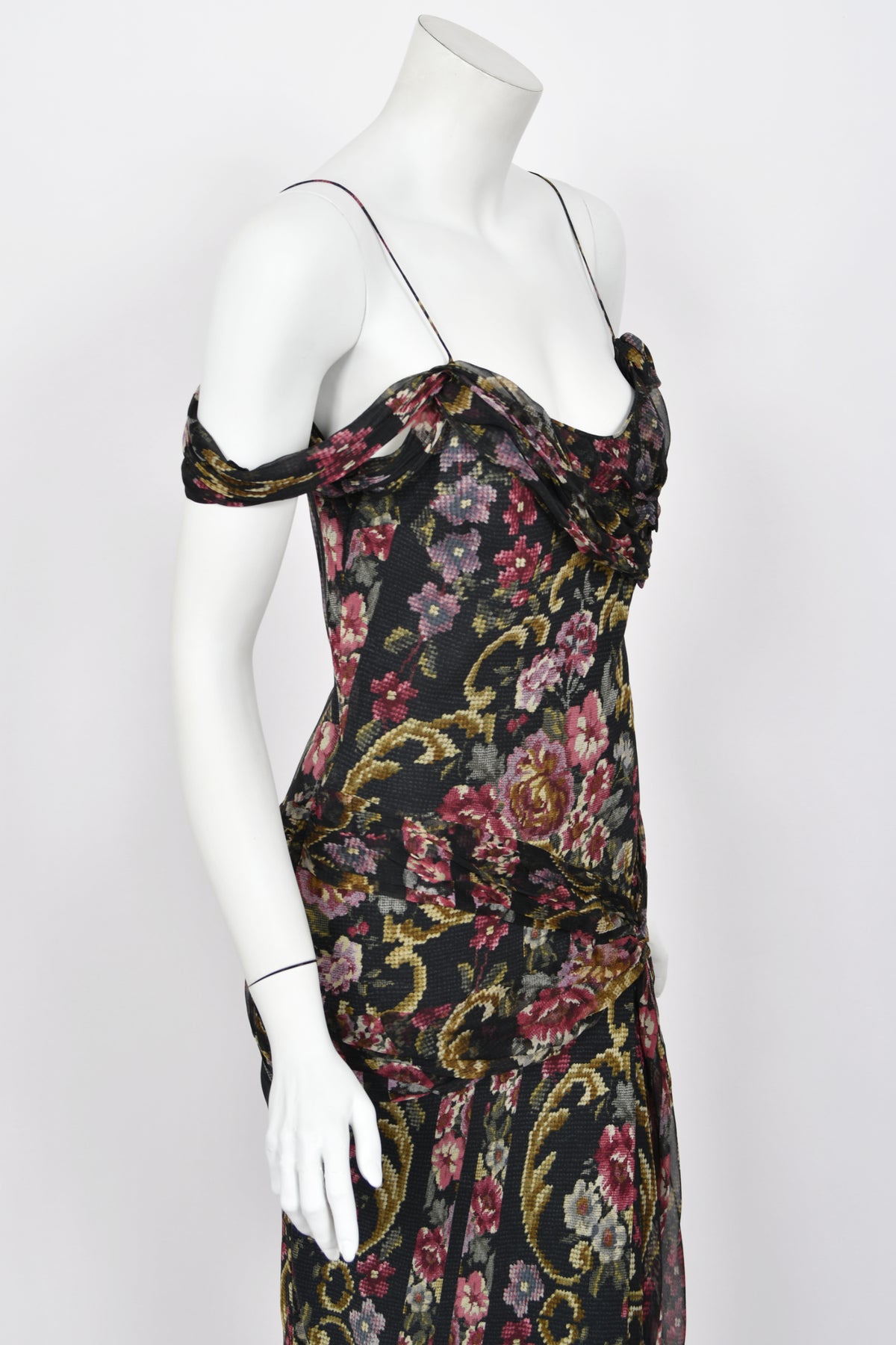 2004 John Galliano Needlepoint Floral Print Silk Bias-Cut Gown w/ Matching Scarf