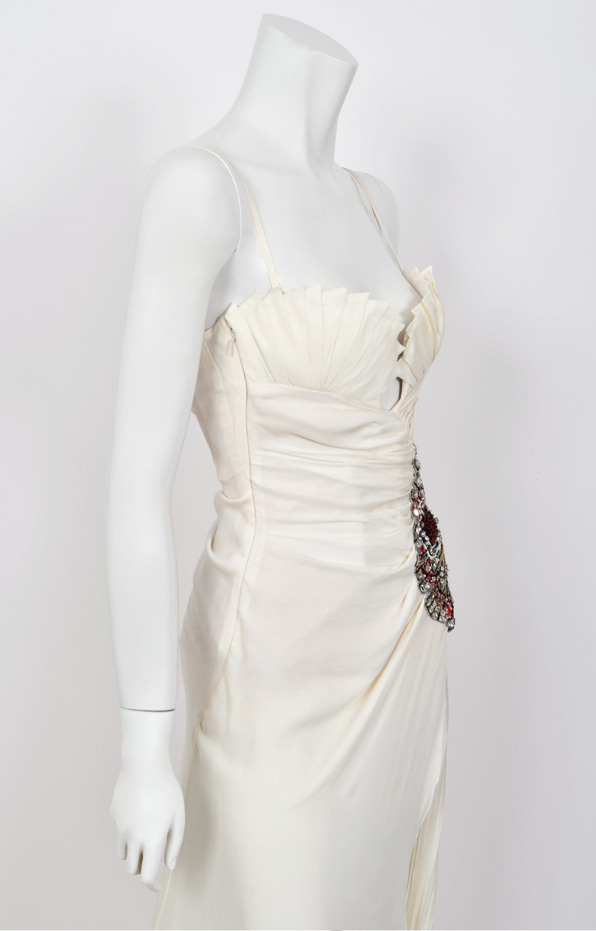 2006 Roberto Cavalli Embellished Ivory Silk Sculptural High-Slit Finale Gown