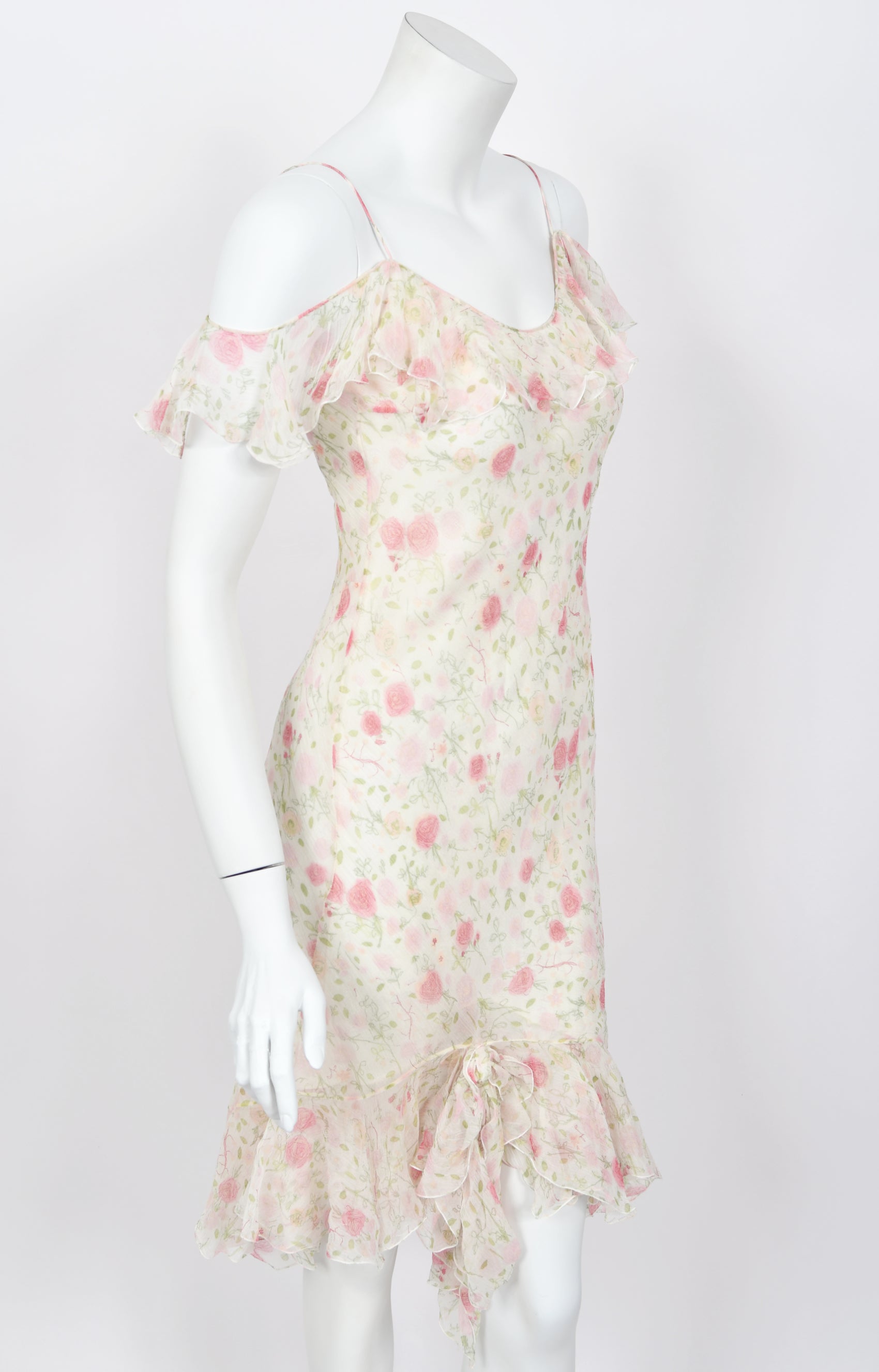 Vintage 1999 Christian Dior by John Galliano Pink Roses Print Silk Off Shoulder Bias-Cut Dress