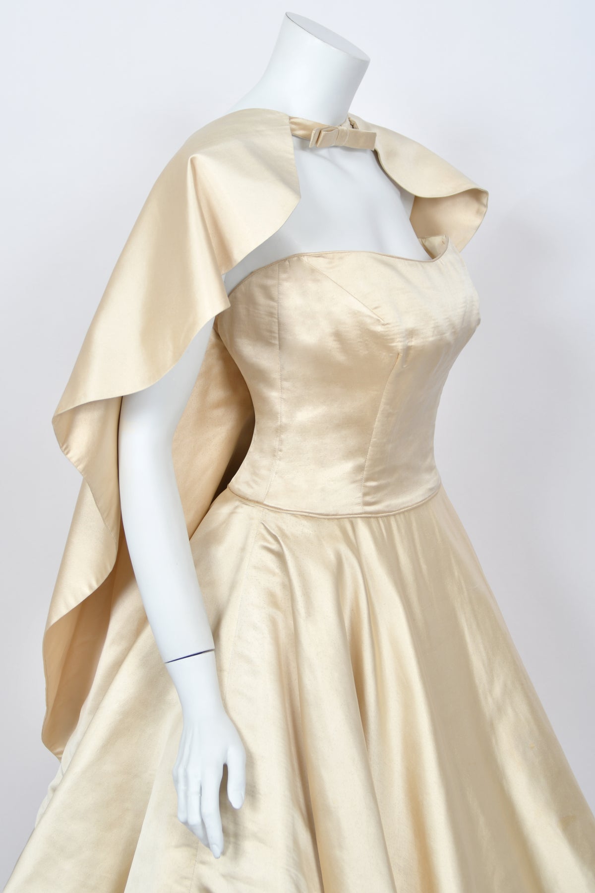1950's Don Loper Couture Ivory Silk Satin Strapless Full-Skirted Dress w/ Detachable Cape