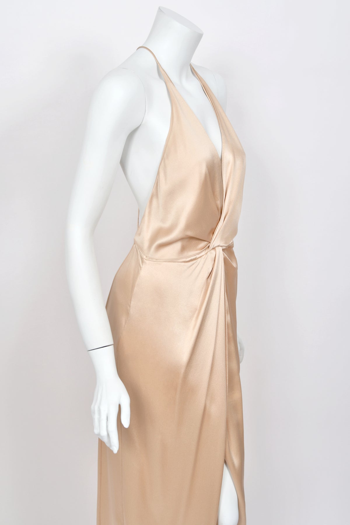 2011 Gucci Resort Collection Champagne Silk Draped Low-Plunge High Slit Maxi Slip Dress