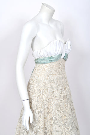 1956 Pierre Balmain Haute Couture Ivory French Lace Strapless Bustier Full-Skirt Dress