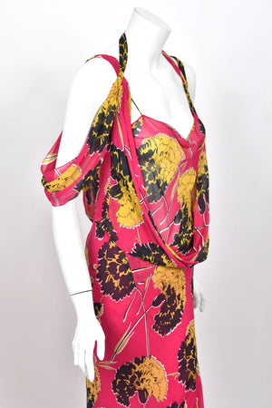 2005 John Galliano 'Renee Collection' Shocking Pink Large Scale Floral Silk Bias-Cut Trained Gown