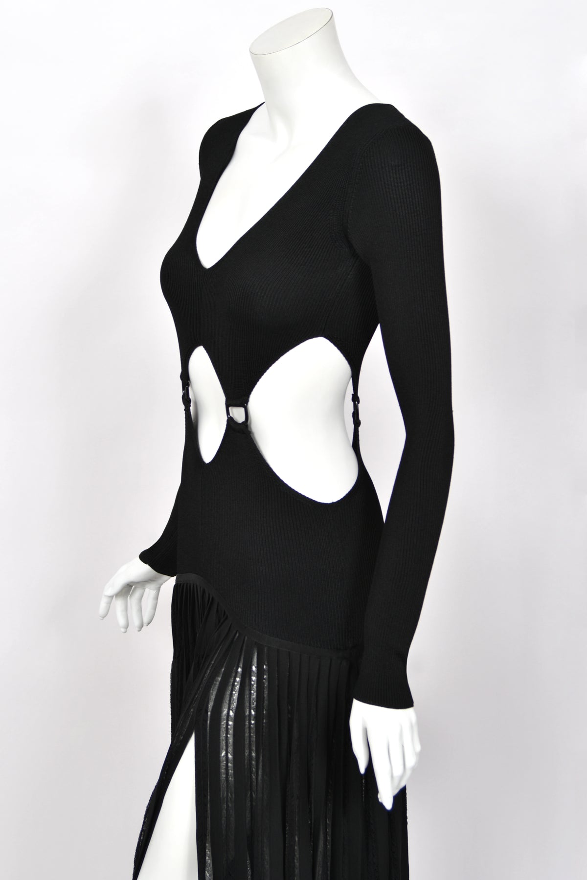 2018 Roberto Cavalli Runway Black Stretch Knit Long Sleeve Cut-Out High Slit Maxi Dress