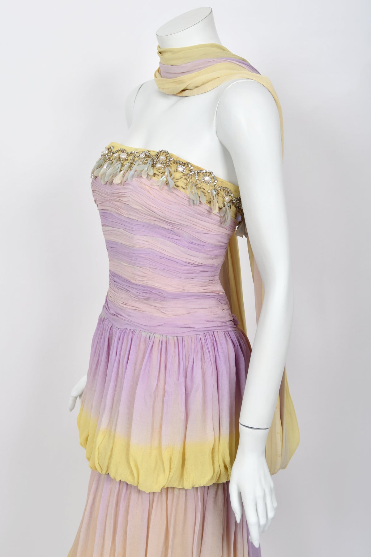 1950 Carven Haute Couture for Cécile Aubry Lilac Yellow Ombré Silk Corset Strapless Hooded Gown