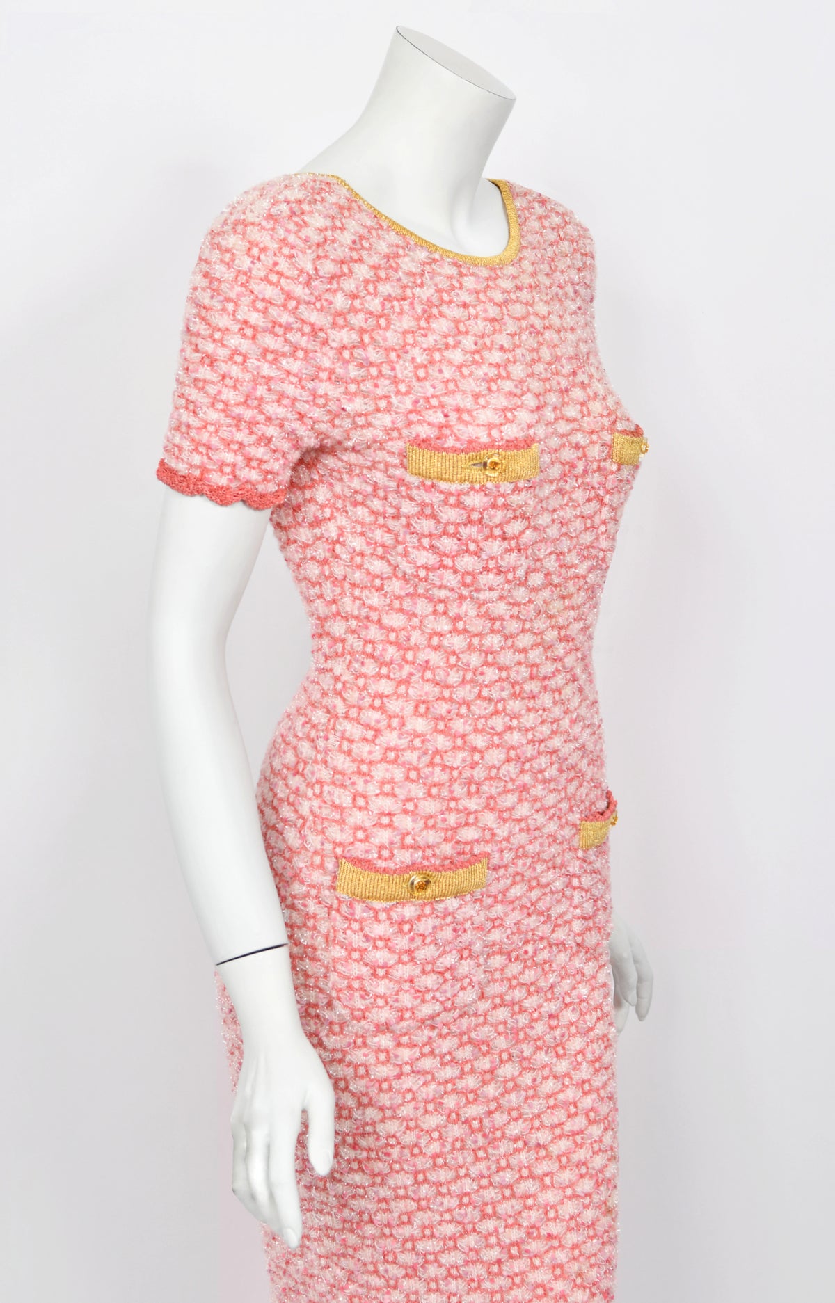 1997 Chanel by Karl Lagerfeld Runway Metallic Pink Stretch Knit Maxi Dress