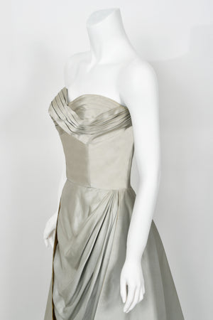 1950's Anne Verdi Couture Ice-Blue Silk Strapless Ruched Hourglass Skirted Gown