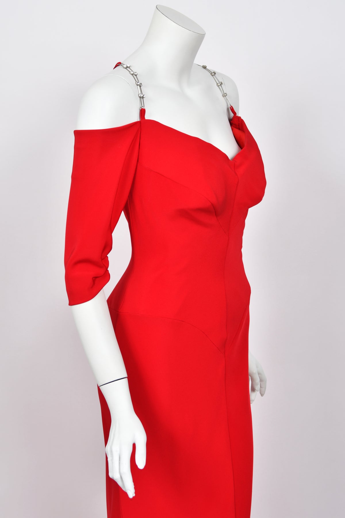 2000 Raquel Welch Custom Couture Ruby-Red Silk Bustier Hourglass Trained Gown