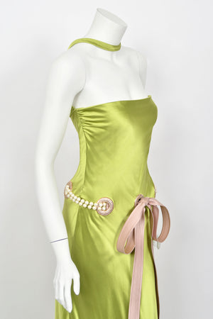 2005 Valentino Runway Chartreuse Silk Draped-Pearls Reverse Halter Glamour Gown