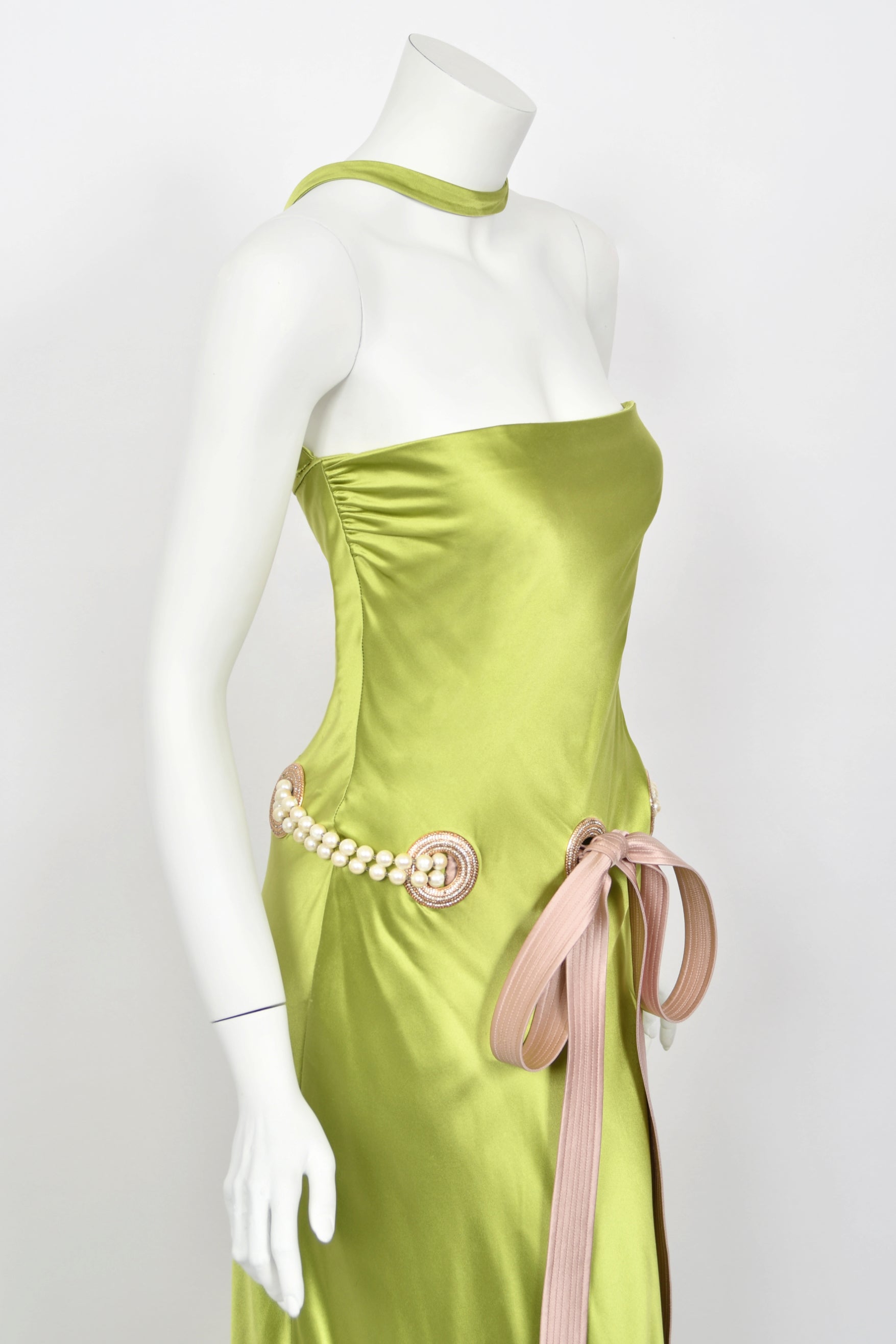 Vintage 2005 Valentino Runway Chartreuse Silk Draped-Pearls Reverse Halter Glamour Gown - Timeless Vixen Vintage 2005 Valentino Runway Chartreuse Silk Draped-Pearls Reverse Halter Glamour Gown - Timeless Vixen