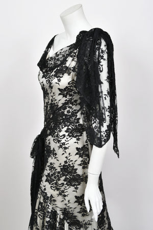 2005 Christian Dior by John Galliano Black Lace & Ivory Silk Trained Bias-Cut Gown