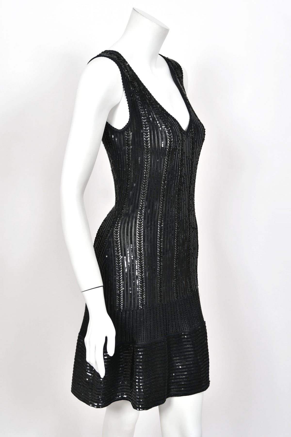 1996 Azzedine Alaia Beaded Sequin Black Semi-Sheer Stretch Knit Flounced Mini Dress