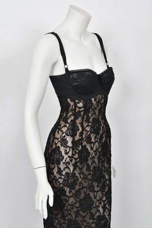 1997 Dolce & Gabbana Sheer Black Stretch Lace Built-In Bra Hourglass Slip Gown