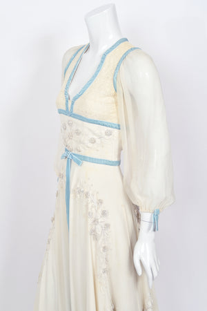 1975 Thea Porter Couture Ivory Silk Embroidered Floral Billow-Sleeve 'Gypsy' Dress