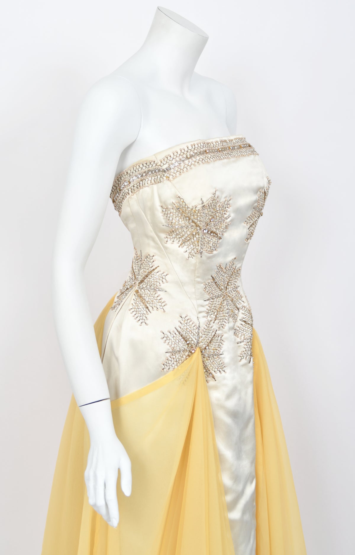 1950&#39;s French Couture Ivory Metallic Embroidered Beaded Silk Skirted Hourglass Gown