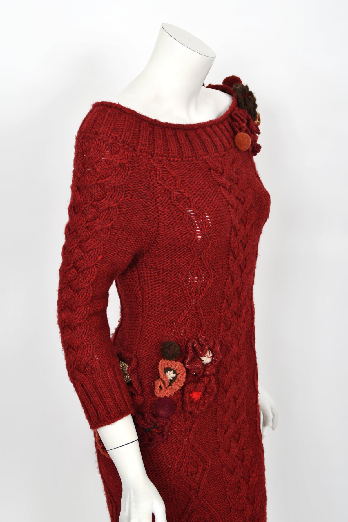 2005 Alexander McQueen Runway Burgundy Wool Knit Hourglass Sweater Dress