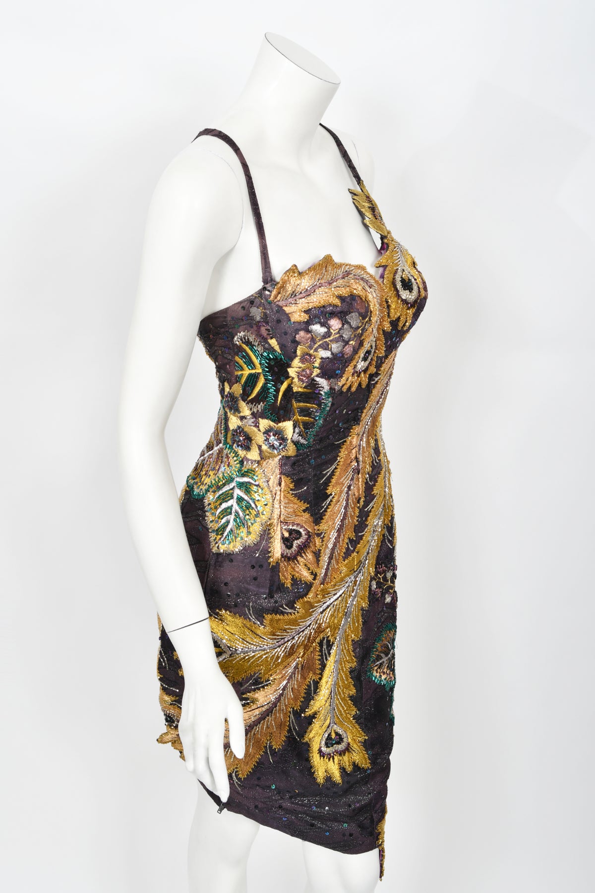 1970&#39;s Embroidered Peacock Motif Beaded Silk Couture Dance Dress