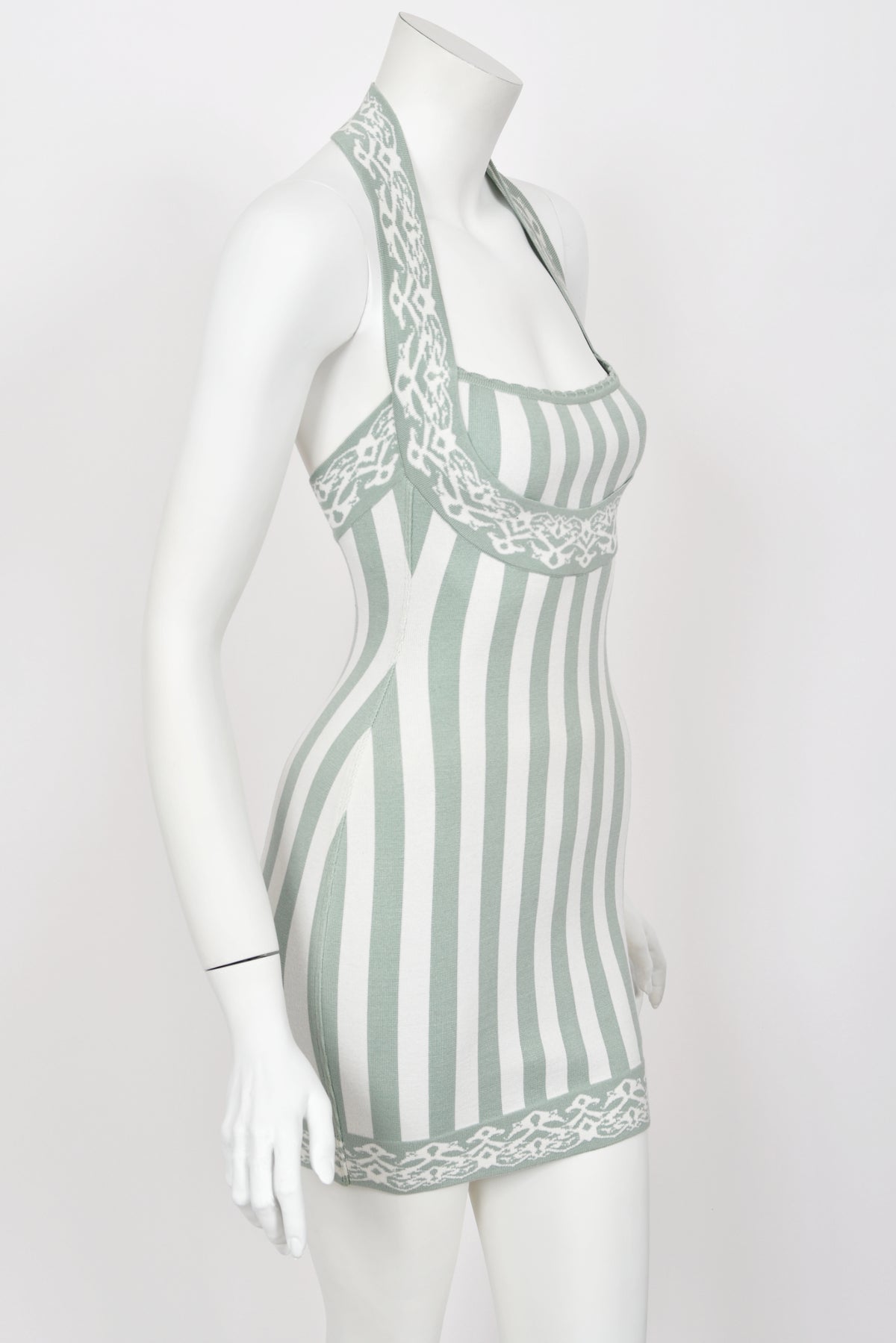 1992 Azzedine Alaia Runway Mint &amp; Ivory Striped Stretch Knit Halter Bodycon Mini Dress