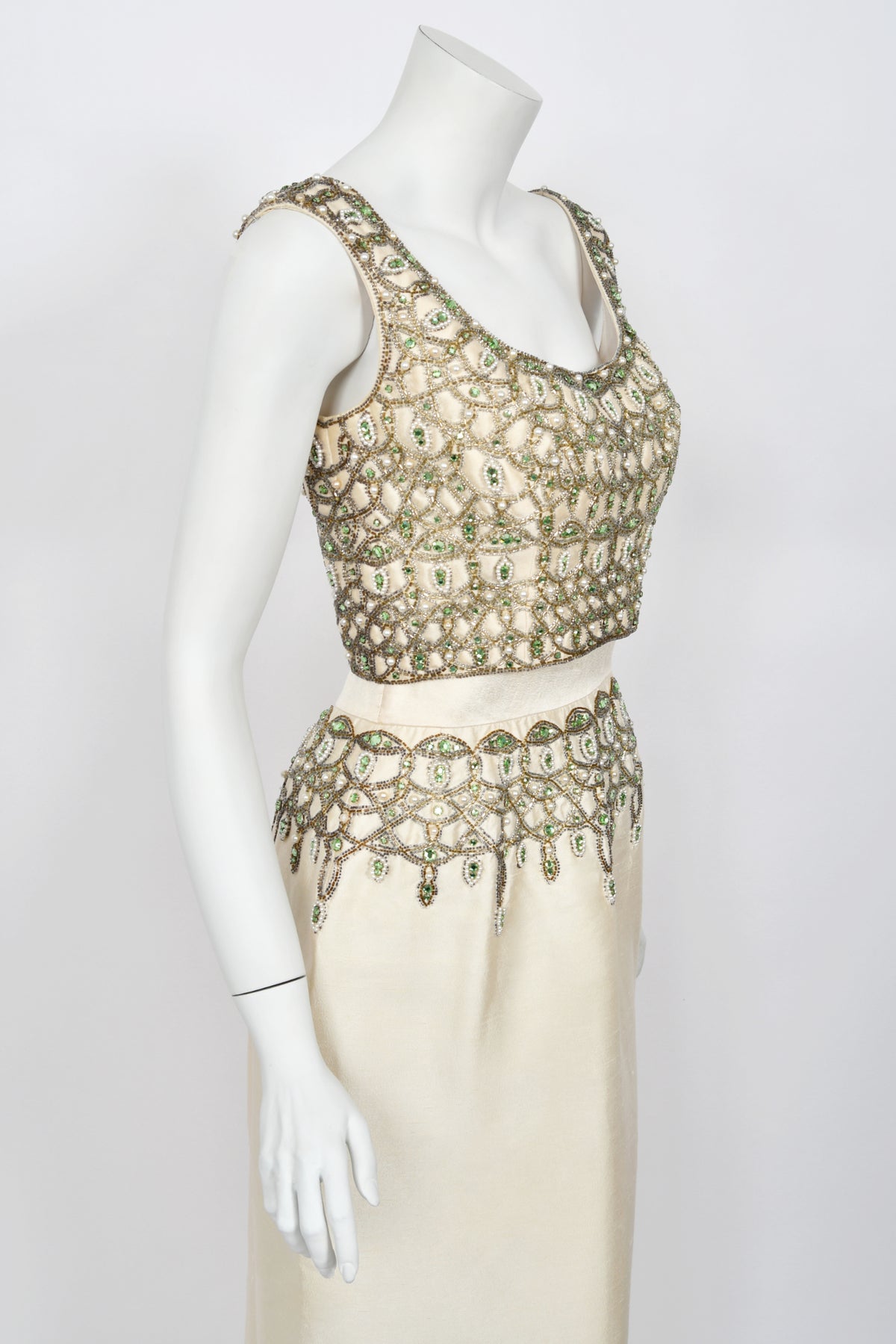 1960&#39;s British Crown Colony Beaded Rhinestone Ivory Silk Crop Top Column Gown