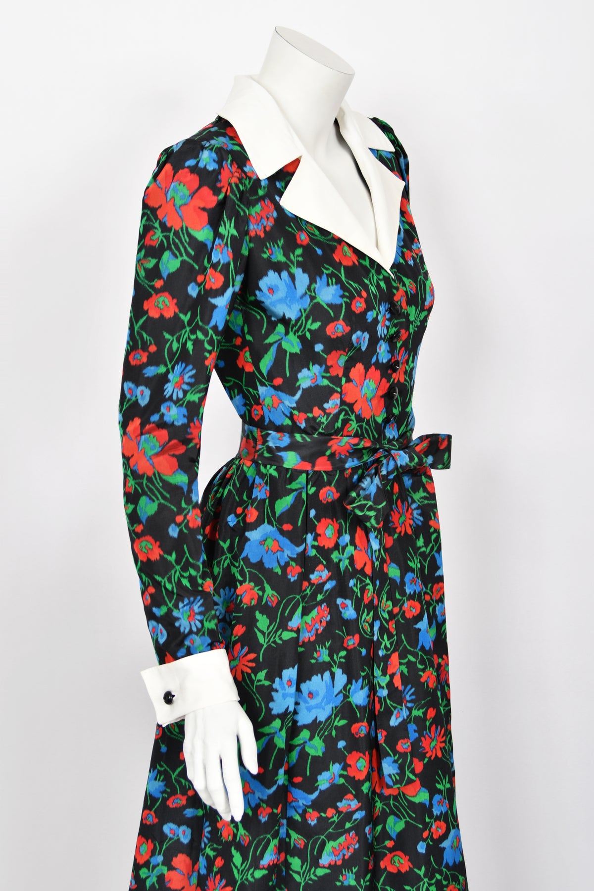 1972 Yves Saint Laurent Haute Couture Documented Floral Silk Collar Cuff Gown