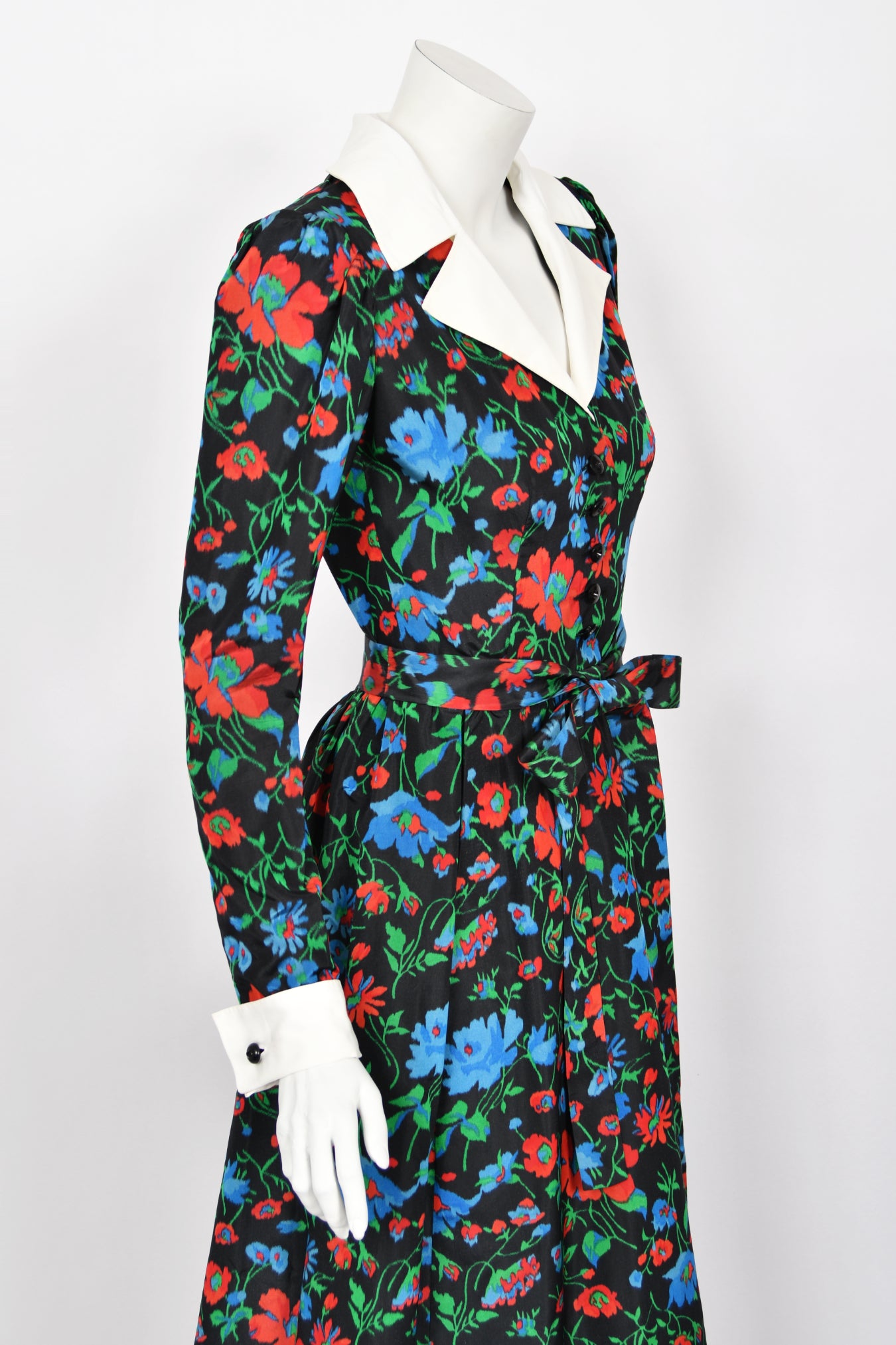 1972 Yves Saint Laurent Haute Couture Floral Silk Collar Cuff Gown