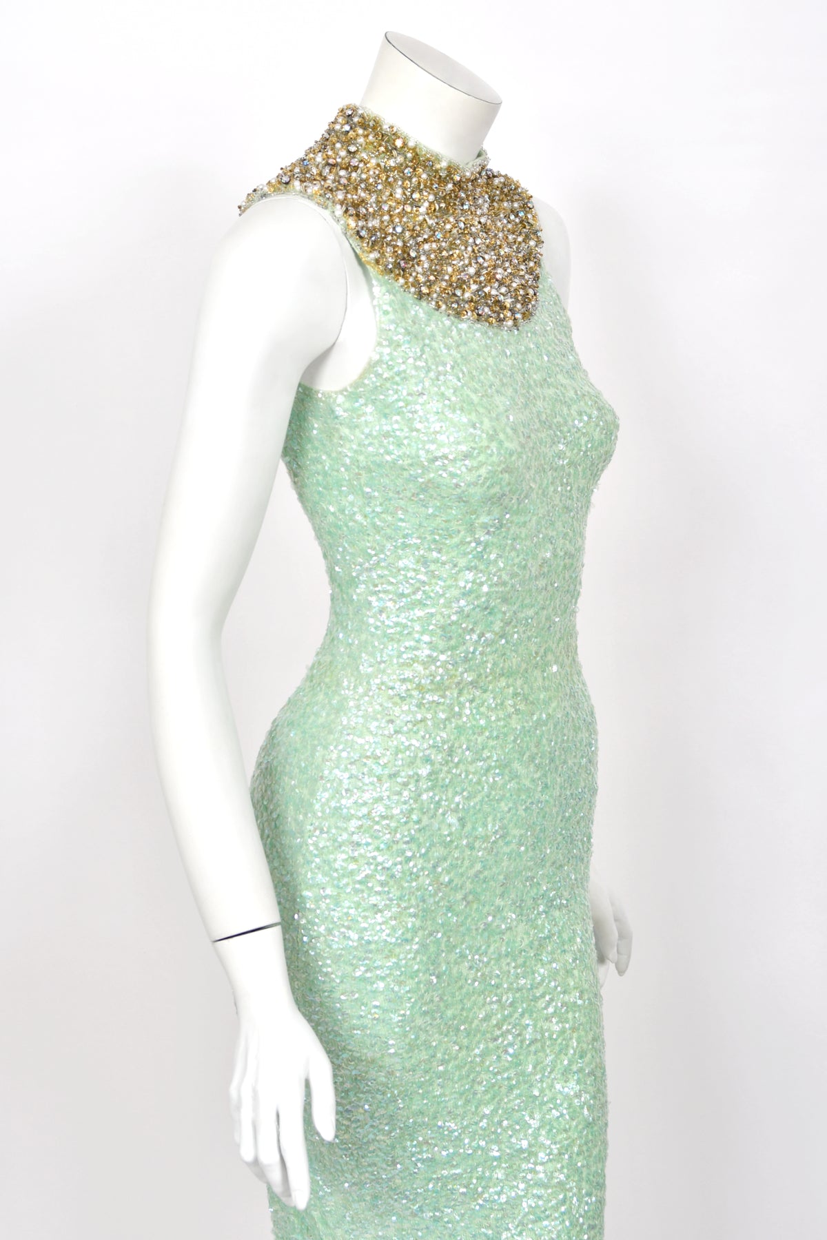 1960's Gene Shelly Seafoam Fully- Sequin Stretch Knit Beaded Collar Hourglass Gown