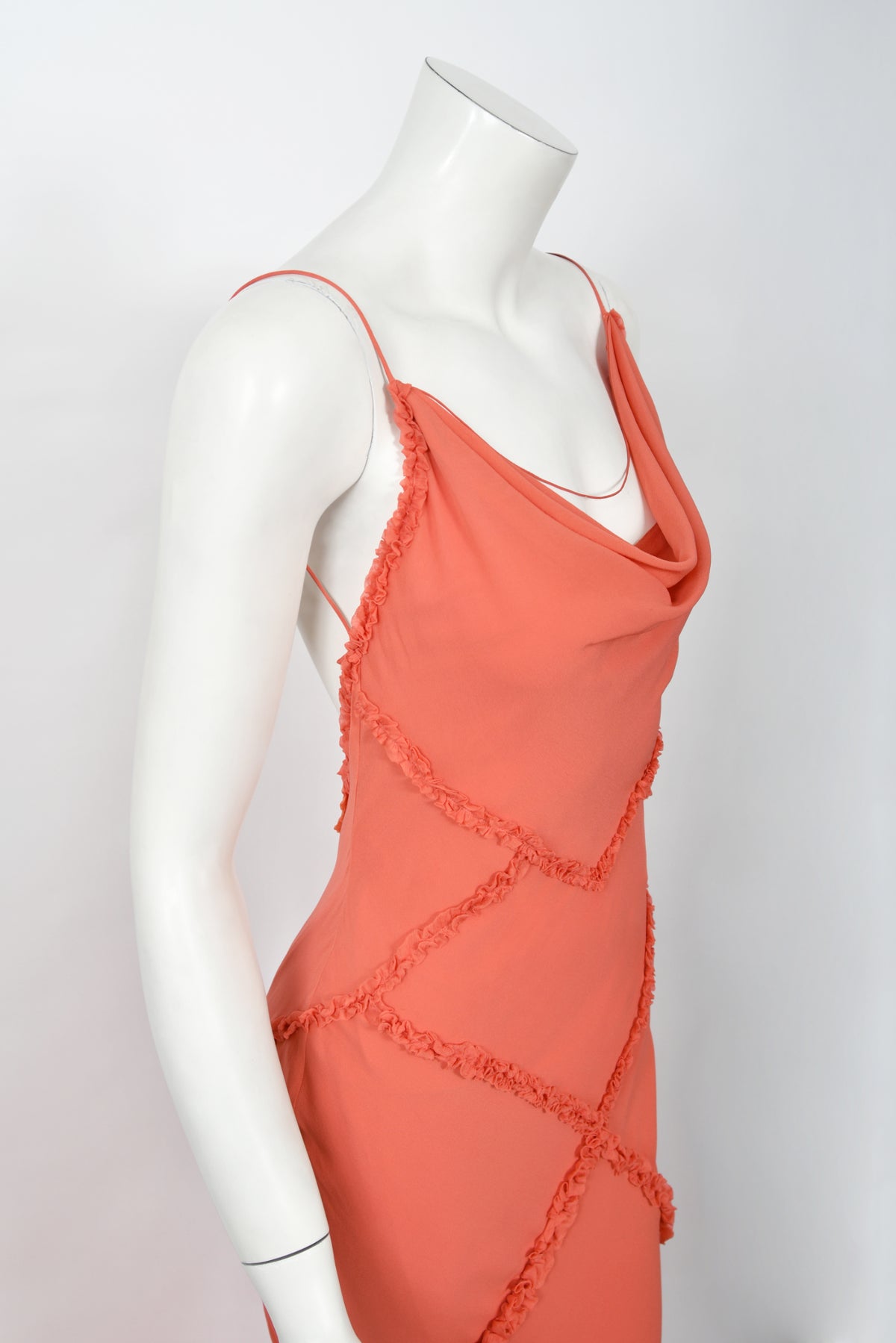 2008 John Galliano Coral Pink Silk Bias-Cut Scalloped Train Backless Gown