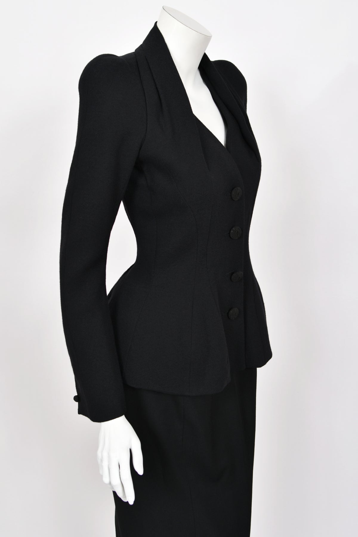 1995 John Galliano 'Dolores' Collection Runway Black Wool Jacket Hourglass Suit