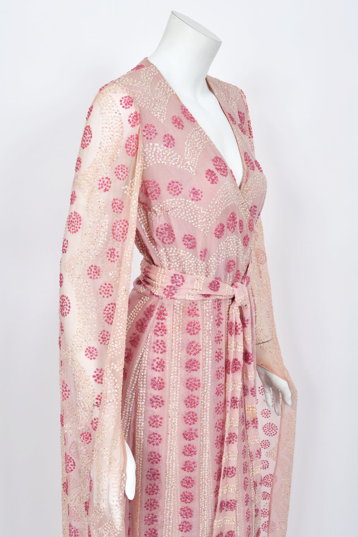 1974 Thea Porter Couture Sparkling Pink Glitter Silk Angel Sleeve Wrap Gown
