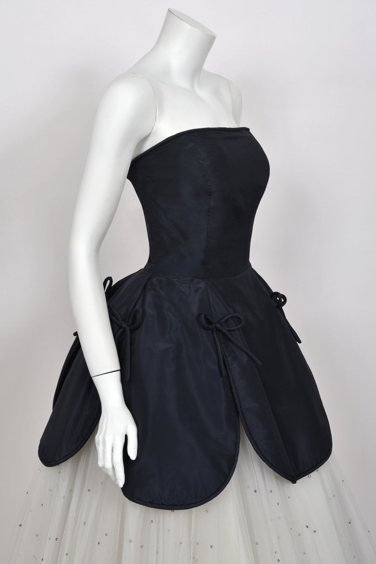 1950’s Edith Small Navy Silk &amp; Rhinestone White Tulle Strapless 'Petal' Dress w/ Shawl