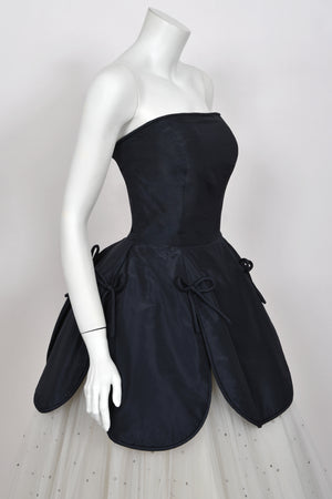 1950’s Edith Small Navy Silk & Rhinestone White Tulle Strapless 'Petal' Dress w/ Shawl
