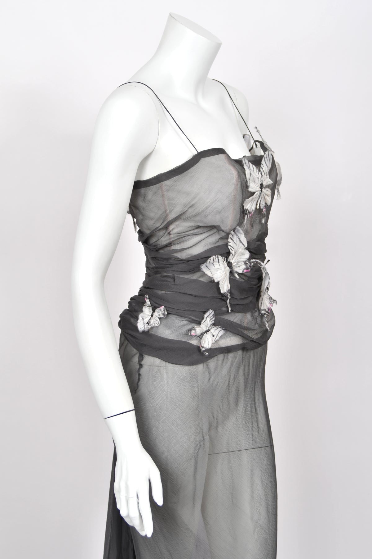 1998 Dolce &amp; Gabbana 'Stromboli Collection' Hand-Painted Butterflies Grey Sheer Silk Corset Gown