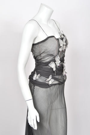 1998 Dolce & Gabbana 'Stromboli Collection' Hand-Painted Butterflies Grey Sheer Silk Corset Gown